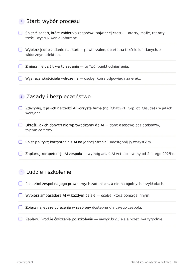 Podgląd strony checklisty wdrożenia AI z punktami do odhaczenia