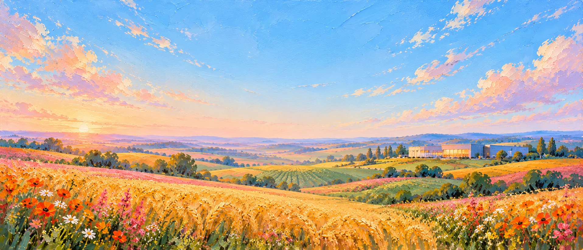 Ilustracja: poranek nad polami i hala produkcyjna — wdrożenie AI w firmie